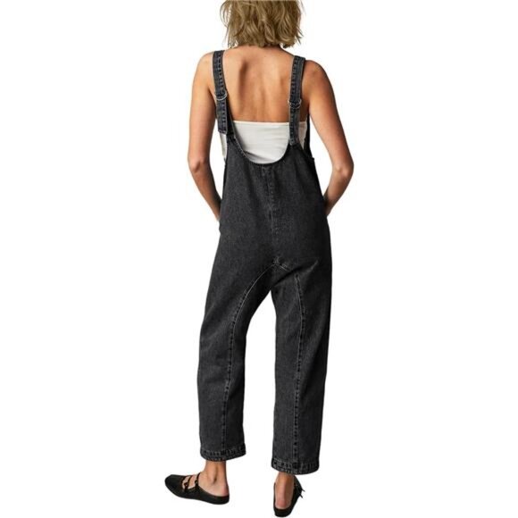 Women's High Roller Denim Overalls Casual Sleeveless Loose Baggy Black